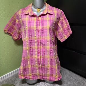 NorthCrest Plaid Short Sleeve Blouse | Pink and Yellow | Vintage Button Up | XL